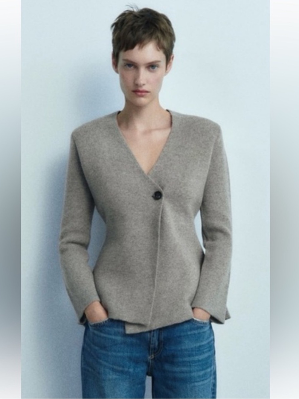 ZARA Taupe Wool One Button Sweater Cardigan Blazer S